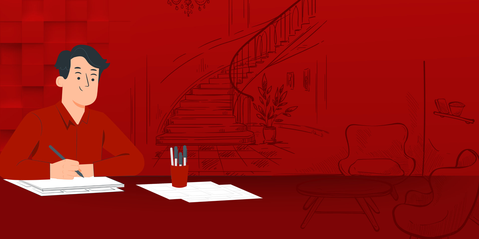 Mann mit Hemd sitzt mit Stift und Papier an einem Tisch